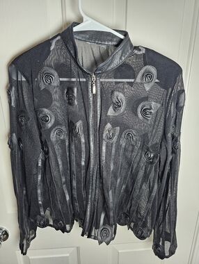 BELGIN FRANCIS Sheer Mesh Zip-Up Jacket Leather Leaves Rosettes Size: L